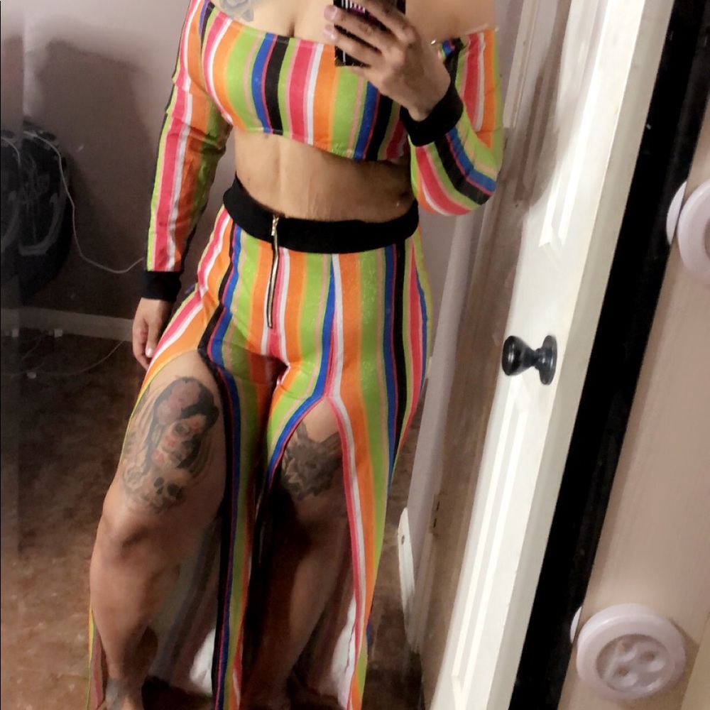 2 piece off the shoulder split pant set